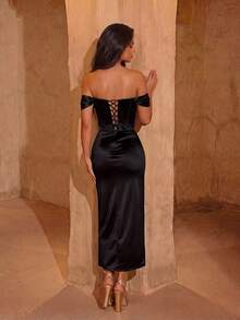 ADYCE Elegant Lace Patchwork Fishtail High Waist Pleated Open Back Tie Midi Dress Black Wedding Party - Black - View 2