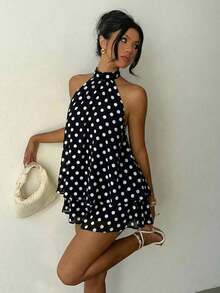 Vestido mini elegante de mujer con cuello halter y lazo en color amarillo claro - Blanco y Negro - Ver 9