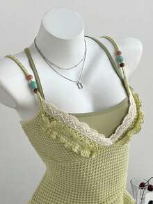 Vestido casual de mujer con cuello en V profundo, acabado con volantes texturizados, bajo irregular con volantes, cordón ajustable y tirantes con lazo - Verde - Ver 9