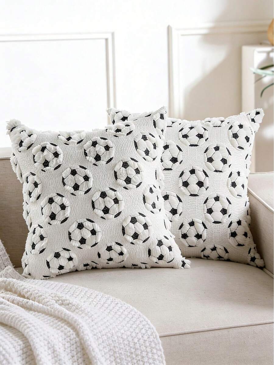 1 Set Football Pillow Cover, Large Size Football Embroidery Decorative Cushion Cover, Soft Plush Jacquard Pillow Sham Suitable For Sofa And Bed - Black and White Football - View 1