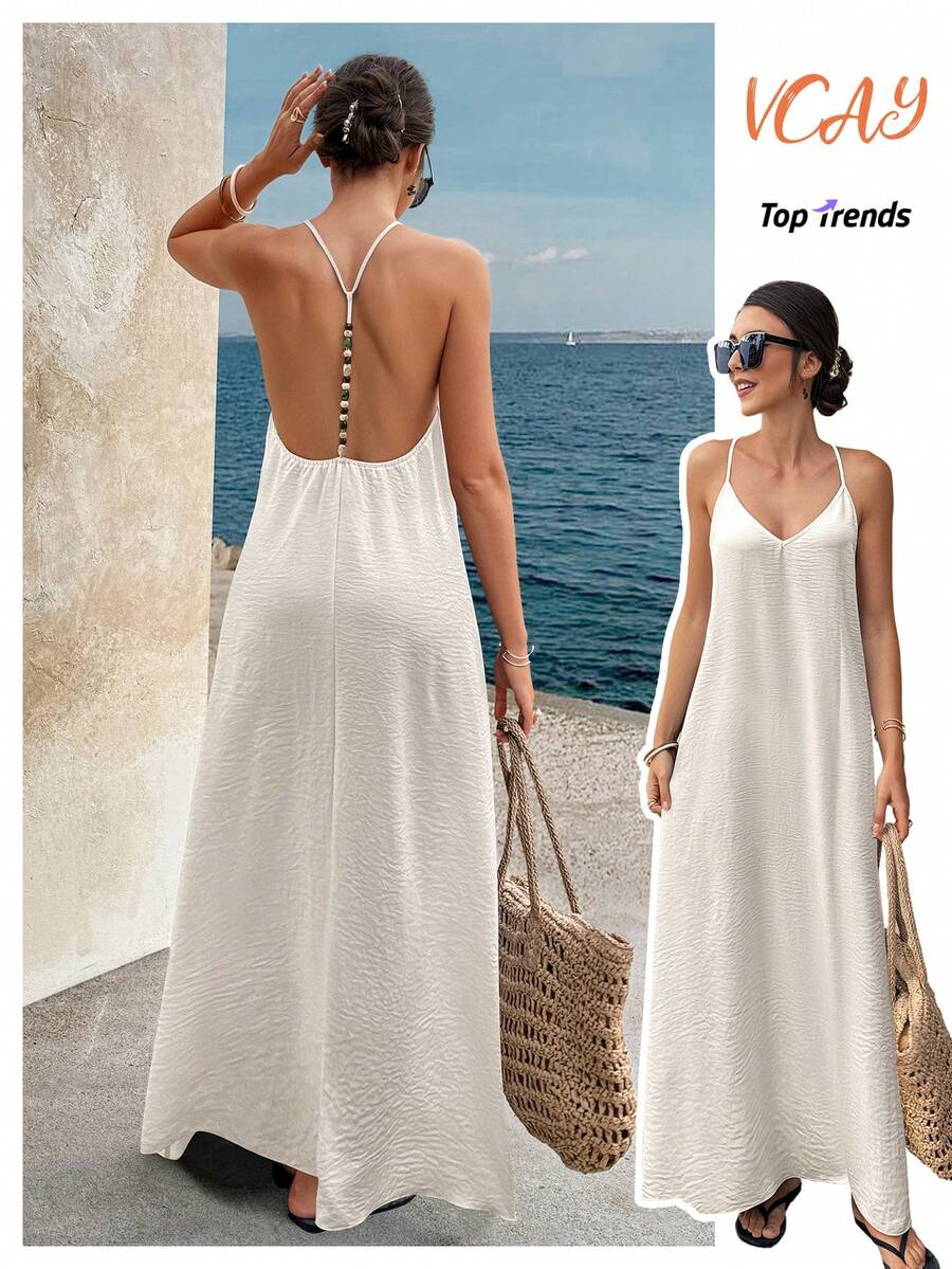 Đầm maxi hở lưng, dây mảnh, đính sequin thanh lịch dành cho nữ, thích hợp cho tiệc tùng, đám cưới, đi biển, kỳ nghỉ, lý tưởng cho ngày Valentine, lễ tốt nghiệp, trang phục đi biển. - Màu be - Xem 1