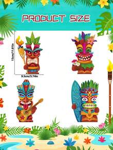 4 pièces Décorations en bois de totems, Décoration de fête thème hawaïen, Pièces centrales de table, Statues de totems, Convient pour la plage d'été, la piscine, le bar tiki et la décoration de fête - multicolore - Voir 4