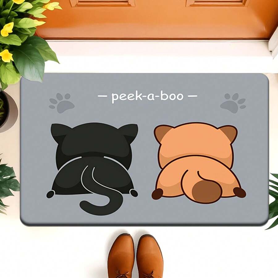 [Product] [Flannel 0.39-Inch Thick Sponge Material] 1 Door Mat, Cute Cat And Dog Peek-A-Boo Design Door Mat, Soft Non-Slip Pet Mat, Suitable For Indoor And Outdoor Use, Perfect For Bedrooms, Balconies, Window Seats, And Entryways-All-Season Pet Mat - White - View 1