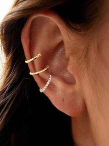 9pcs Simple Elegant Rhinestone Metal Geometric Ear Cuff Earring Set, Suitable For Sisters, Couples, Vacation, Date, Daily, Party, Wedding, Christmas, Valentine's Day Gift - Yellow Gold - View 3