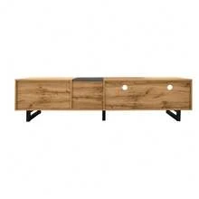 Mueble para TV con bloques de color, diseño sencillo de colores contrastantes, tres puertas y dos compartimentos, patas metálicas en forma de U, veta de madera retro. - Caqui - Ver 11
