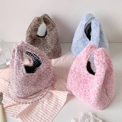 1pc Plush Leopard Print Hand Bag With Convenient Carrying To Keep Your Hands Warm In Winter. It Is Available In A Variety Of Colors And Offers Versatile Storage Functions.