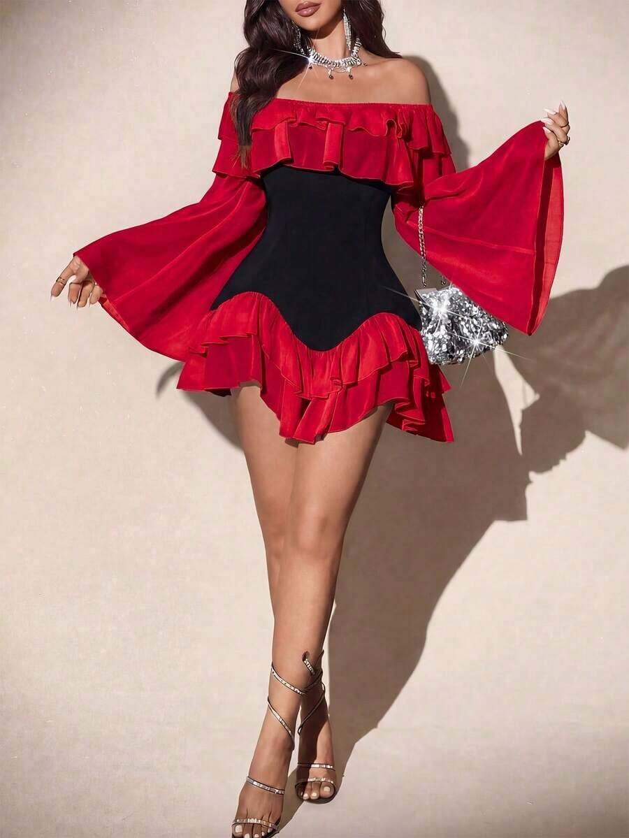 Vestido mini de manga larga con volantes y mangas acampanadas, de talla grande, elegante, romántico y sexy, con parches en blanco y negro, de gasa fluida y con hombros descubiertos, para primavera/otoño - Multicolor 3 - Ver 1
