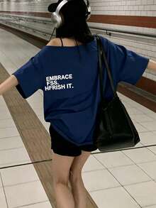 Summer Off Shoulder Top, Loose Mustard Yellow Asymmetrical Shoulder Letter Print Short Sleeve T-Shirt Casual - Navy Blue - View 3