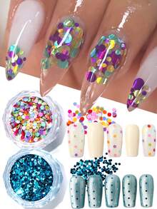 2盒全息水波紋藍色迷你圓點美甲亮片亮粉，雷射粉紫藍白黃多巴胺色圓形Y2K風格節日美甲亮片碎片，混尺寸DIY婚禮美甲裝飾，春夏美甲用品 - 彩色 - 查看 5