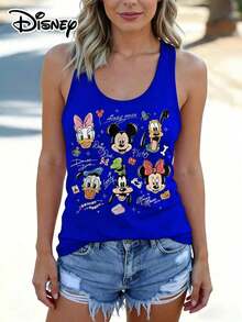 Disney Official Authorization | Women's Casual Crew Neck Sleeveless Tank Top. Features Mickey, Minnie, Donald Duck, Daisy, Goofy And Pluto All Together With Journal-Style Signatures And Small Elements, Retro And Heartwarming. The Loose Fit Flatters All Body Types, Making It Versatile And Practical For Daily Outings And An Ideal Choice For Matching Outfits With Girlfriends. - Màu xanh lam - Xem 1