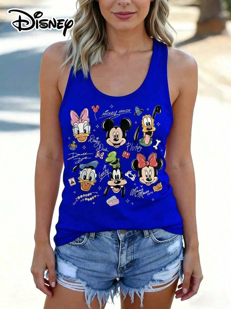 Disney Official Authorization | Women's Casual Crew Neck Sleeveless Tank Top. Features Mickey, Minnie, Donald Duck, Daisy, Goofy And Pluto All Together With Journal-Style Signatures And Small Elements, Retro And Heartwarming. The Loose Fit Flatters All Body Types, Making It Versatile And Practical For Daily Outings And An Ideal Choice For Matching Outfits With Girlfriends. - Màu xanh lam - Xem 1