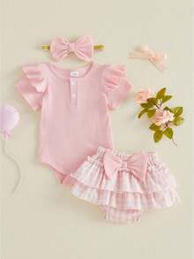 Newborn Baby Girl Summer Clothes Infant Baby Girls Summer Outfit Ribbed Knit Short Sleeve Romper Elastic Waist Plaid Shorts Ruffled Skirts Headband Set - 粉色 - 查看 1