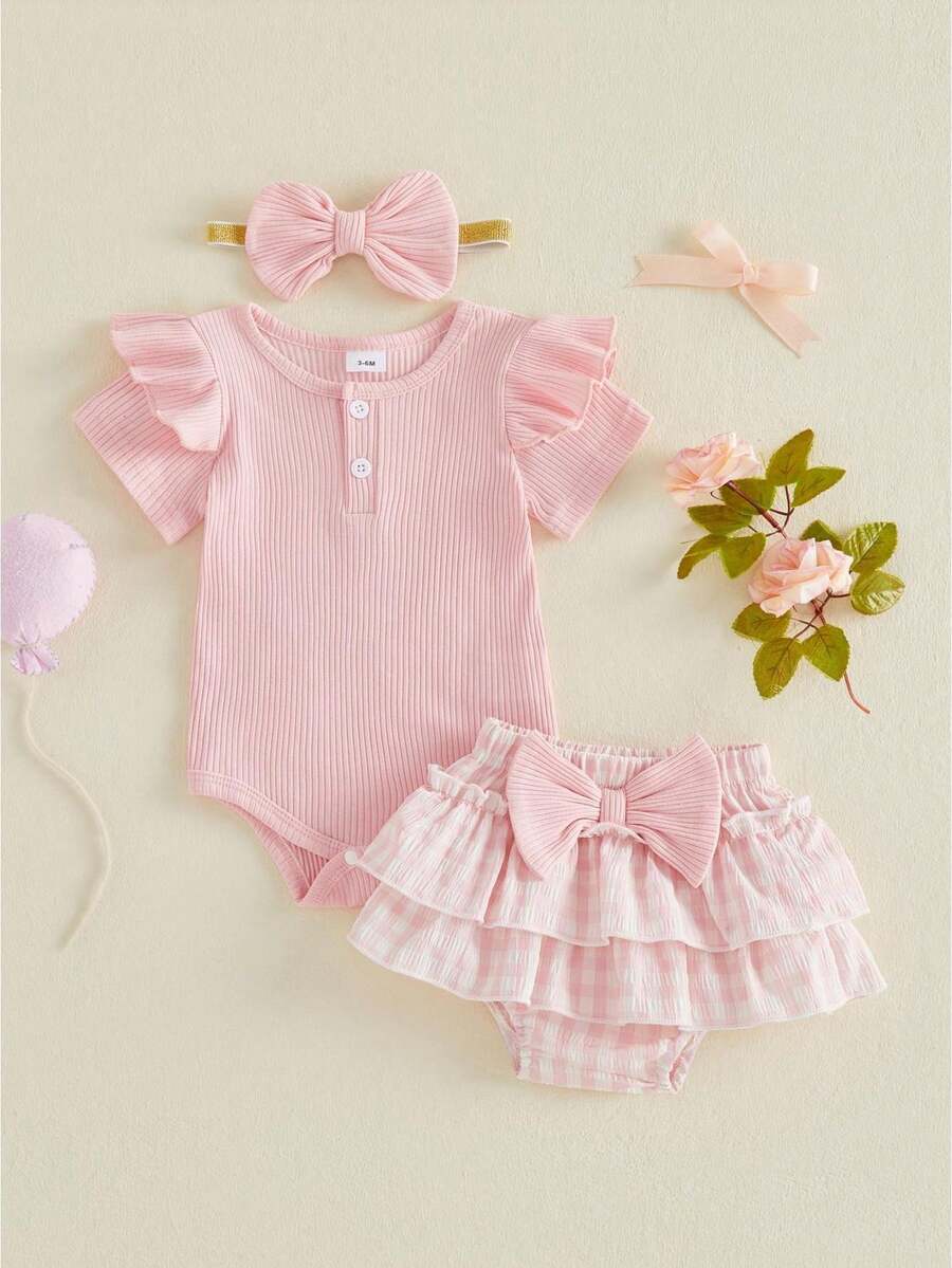Newborn Baby Girl Summer Clothes Infant Baby Girls Summer Outfit Ribbed Knit Short Sleeve Romper Elastic Waist Plaid Shorts Ruffled Skirts Headband Set - 粉色 - 查看 1