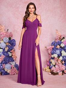 Volly Toych Đầm maxi phù dâu cổ điển sang trọng với thiết kế chiffon xếp nếp, cổ áo hai dây và tay áo bồng bềnh, lý tưởng cho những đám cưới thanh lịch hoặc dạ hội. - Màu đỏ tím - Xem 5