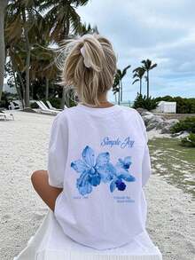 Playera minimalista moderna1 pieza Camiseta oversize para niñas - Lavable a máquina, Camiseta con estampado de flores de hibisco, Adecuada para viajes y vacaciones de niños, Verano, Ropa de niñas - Blanco 2 - Ver 5