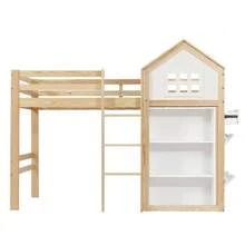 Lit mezzanine enfant avec rangements et tiroirs, marches robustes, barrière de  , pin + MDF + contreplaqué, blanc + naturel, 90 x 200 cm - Couleur naturelle - Voir 7