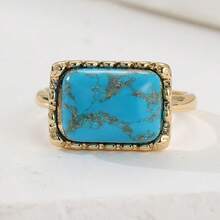 Nhẫn vuông kiểu Bohemian cổ điển khảm đá ngọc lam tổng hợp, phụ kiện tinh tế dành cho nữ giới mỗi ngày trong dịp lễ hội, trang sức dự tiệc Giáng sinh. - Vàng - Xem 7