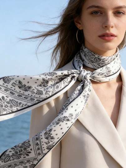 1条经典美式黑白印花丝巾，复古佩斯利花纹缎面长丝巾，可单独佩戴或叠戴，多功能时尚配饰，设计精致，品质奢华，时尚百搭