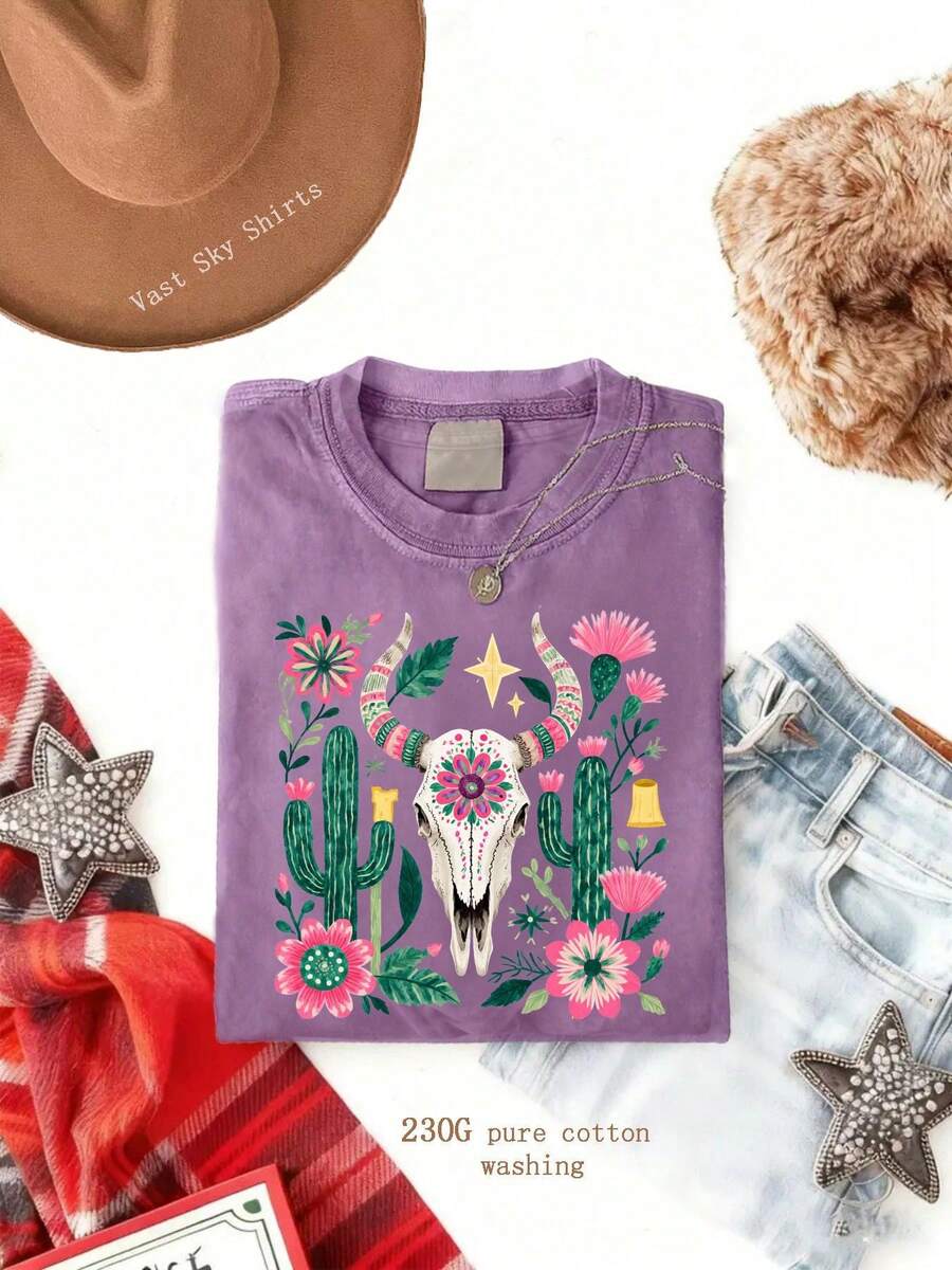 Women's Casual Cow Skull & Cactus Print Short Sleeve T-Shirt, Round Neck Polyester Top For A Boho Summer Style - 紫色 - 查看 1