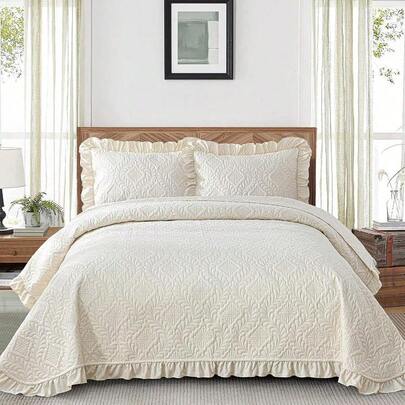 3 Pieces Queen King Size Quilt Bedding Set, Beige Ruffled Lightweight Soft Bedspreads Queen Size Coverlet, Basket Weave Quilted Blanket Thin Quilt Bed Cover, Suitable For Wedding Items, Valentines Day Home Bed Room Decor, Easter Ramadan Gifts, Mothers Day Gift, All Season