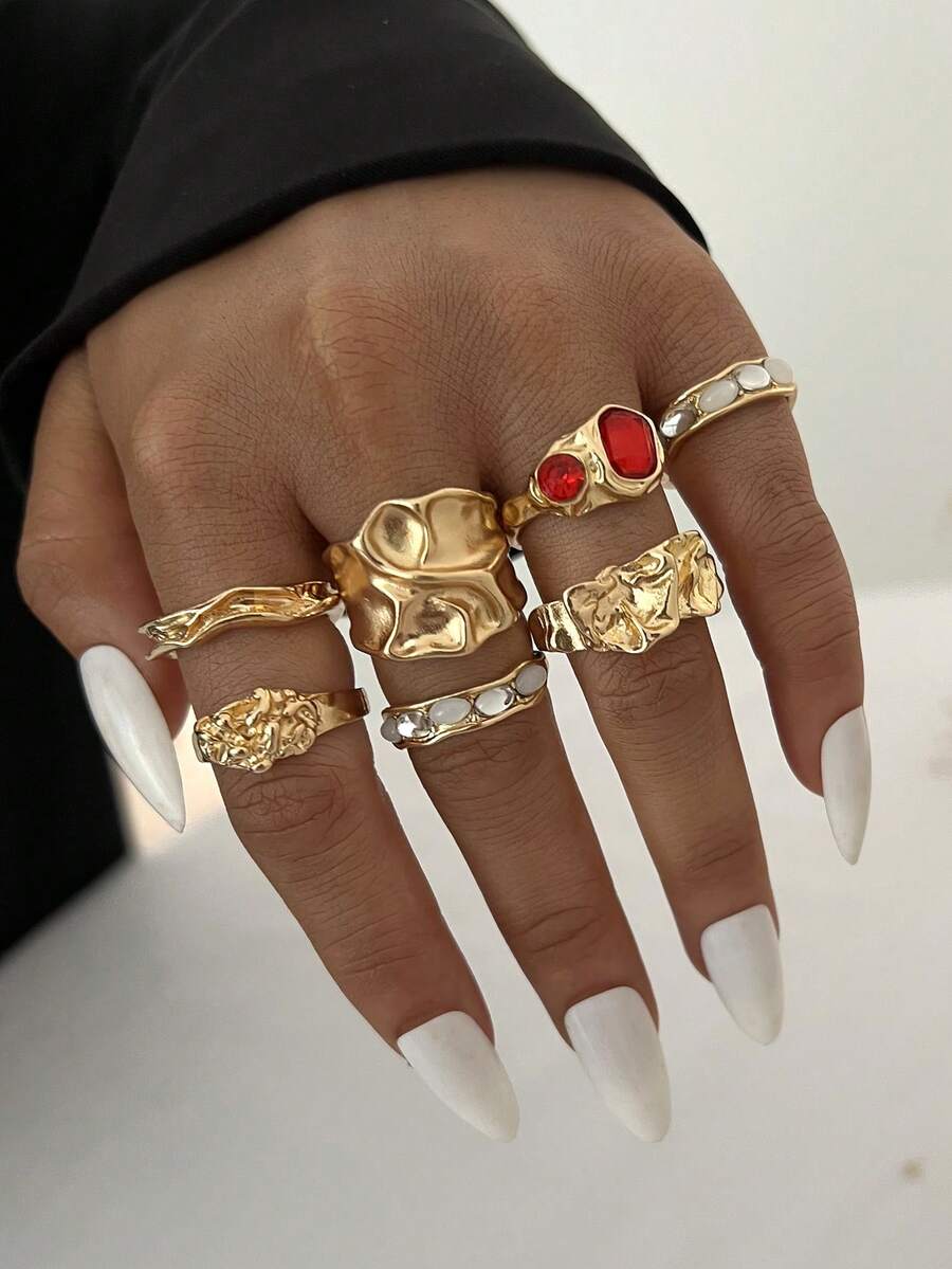 Bộ 7 chiếc nhẫn kim loại kiểu đồng xu Bohemian cổ điển, đính đá quý màu đỏ, thích hợp cho nữ giới đeo hàng ngày, đi biển, du lịch và dự tiệc. - Vàng - Xem 1