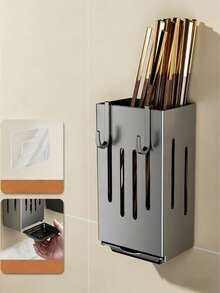 2pcs Storage Boxes, Multifunctional Kitchen Chopstick Holder Rack, Wall-Mounted Chopstick Drainer, Home Kitchen Organizer, Household Storage & Organization, Kitchen Accessories - Grey - View 2