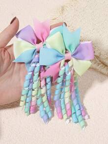 2pcs/Set Gradient Rainbow Curly Bow Hair Ties, Satin Scrunchies With High Elasticity, Versatile & Damage-Free For School/Party Hair Styling - Mixed color - View 3