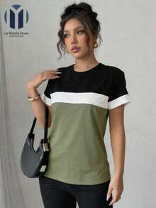 Casual Loose-Fitting T-Shirt With Color Blocks For Summer - Black - View 5