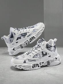 Zapatos deportivos casuales de hombre con bloqueo de color negro y blanco, estampado aleatorio de retazos, moda de nicho con letras de graffiti, cómodos tenis con cordones y amortiguación para correr, para parejas - en blanco y negro - Ver 3