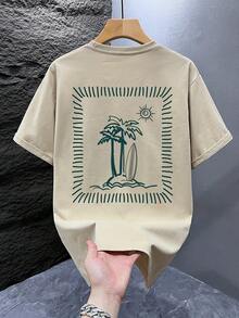 Men's Graphic Print T-Shirt, Beach Summer Wear Loose Fit Short Sleeve Tee - Apricot - View 2