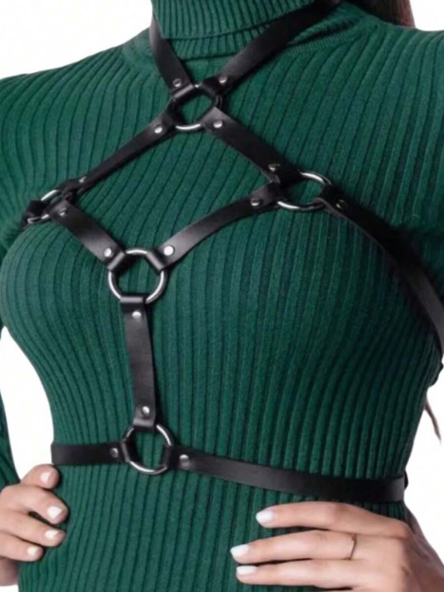 1件女款優雅極簡黑色PU皮革性感胸衣肩帶,適合日常通勤、音樂節、狂歡之夜、假期派對聚會穿搭 - 黑色 - 查看 1