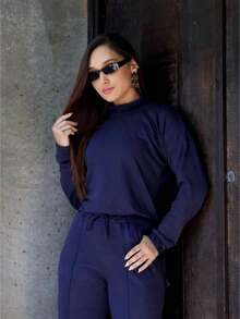 Women's Woolen Set - Pants And Turtleneck Top - Winter - 藏蓝色 - 查看 3