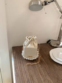 Textured Drawstring Chain Beaded Handbag, New Bucket Bag, Minimalist Chic Box-Shaped Shoulder Crossbody Bag For Women - White - View 7