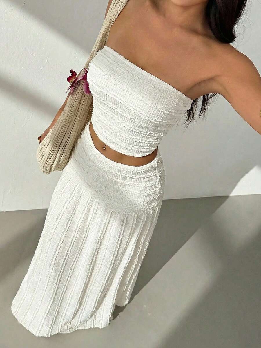 Look Polly Women's Summer White Textured 2-Piece Set, Bandeau Top Paired With Mid-Waist Casual Maxi Skirt, Beach Vacation Style - White - View 1