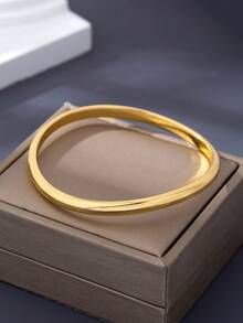 Set de 3 piezas de brazaletes geométricos asimétricos con estampado de piel de serpiente en tono dorado, adecuado para mujeres, de metal sólido y aleación de zinc - Amarillo Oro - Ver 7