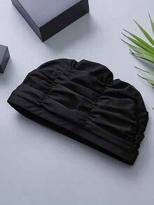 1pc Unisex Pleated Fabric Swim Cap With Ear Protection, Suitable For Long Hair, Essential For Beach And Swimming Pool - Black - View 6