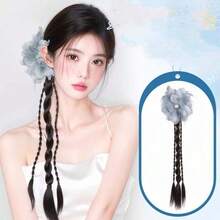 羽毛花朵发夹，新款中国风侧马尾，编发髻，旗袍，古风马尾假发 - Dark Brown - 查看 4