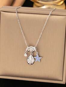 1 pieza Collar con colgante de concha metálica y estrella de mar con perla, elegante, versátil y casual, adecuado para uso diario, vacaciones, viajes, decoración única y de alta gama para mujeres - Multicolor - Ver 5