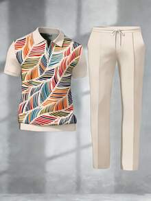 American-Style  Art-Inspired Men's Zip-Up Short-Sleeve Cropped Pants Set. A Summer Personalized Outfit That Attracts Attention. - Mixed Colors - View 1