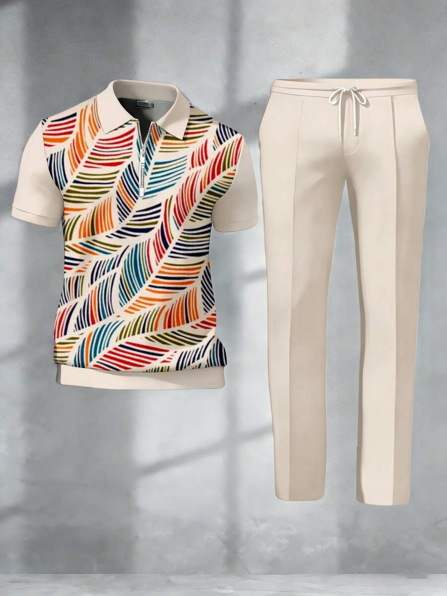 American-Style Art-Inspired Men's Zip-Up Short-Sleeve Cropped Pants Set. A Summer Personalized Outfit That Attracts Attention. - Mixed Colors - View 1