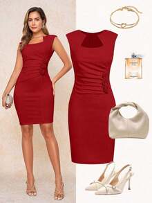 Vestido corto ajustado sin mangas con flores 3D de unicolor elegante para mujer - Rojo - Ver 1