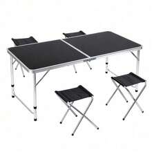Portable Outdoor Table And Stool Set 1 Table + 4 Folding Chairs, Aluminum Frame, Great For Picnics, Camping, And Beach Trips - Black - View 2