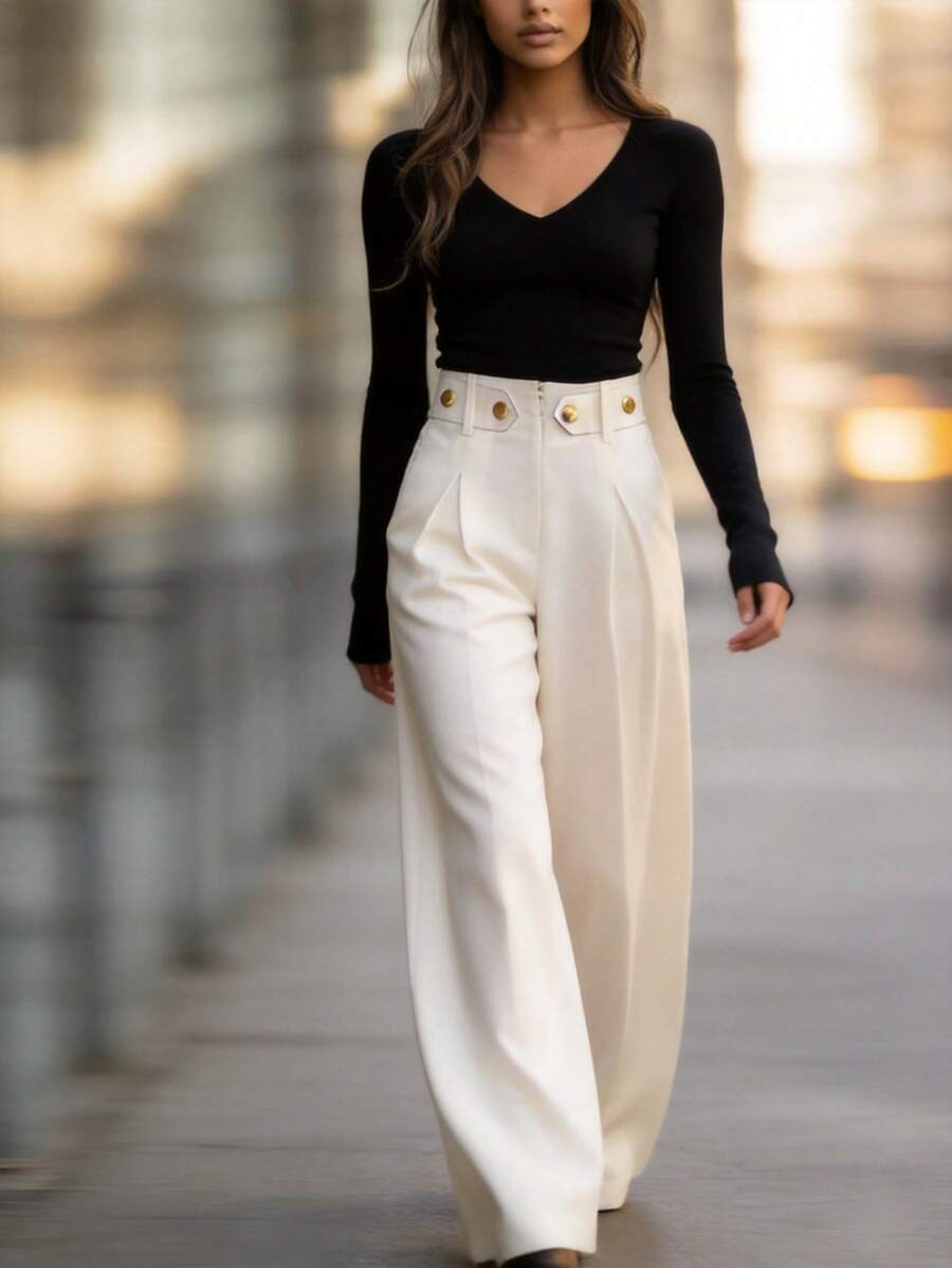 Women's High Waist Wide Leg Pants, Elegant Flowy Office & Casual Wear Spring White - White - View 1