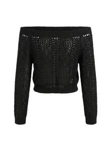 Phong cách Y2K, Áo croptop dệt kim trễ vai cá tính, Áo len dài tay croptop khoét rỗng đẹp mắt & Trang phục đi chơi - màu đen - Xem 10