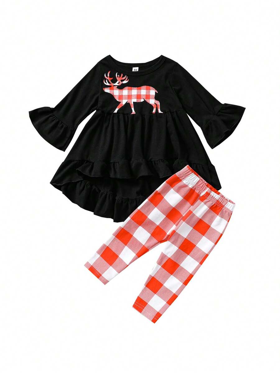 Little Girls T-shirt and Trousers Suit Cartoon Elk Long Sleeve Tops and Plaid Long Pants - Negro - Ver 1