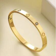 1 pieza Brazalete de acero inoxidable versátil y minimalista de moda para mujeres, con diseño de clavo con trébol de cuatro hojas incrustado - Multicolor - Ver 15