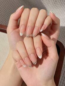10Pcs Handmade Short Almond Press On Nails, Nude French Tip With Rhinestone Edge, Glossy Reusable Fake Nails With Free Tool Kit, Perfect For Summer Vacation, Mother's Day & Graduation - White - View 2