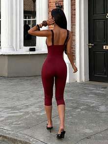 Contrast Color Strap Summer Women's Jumpsuit - Burgundy - View 5