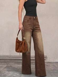 Quần jeans nữ màu nâu bạc màu, ống đứng, dáng dài thoải mái, không co giãn, có khóa kéo. - Cà phê nâu - Xem 5