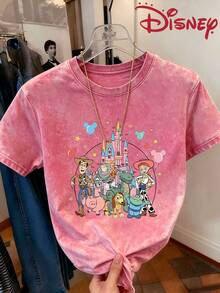 Disney Toy Story Castle Cartoon Printed Washed Cotton Round Neck Loose Short Sleeved T-Shirt, Y2K Style, Youthful Design, Suitable For Daily, Street, Outdoor And Party Wear. - Màu Hồng Tươi - Xem 1